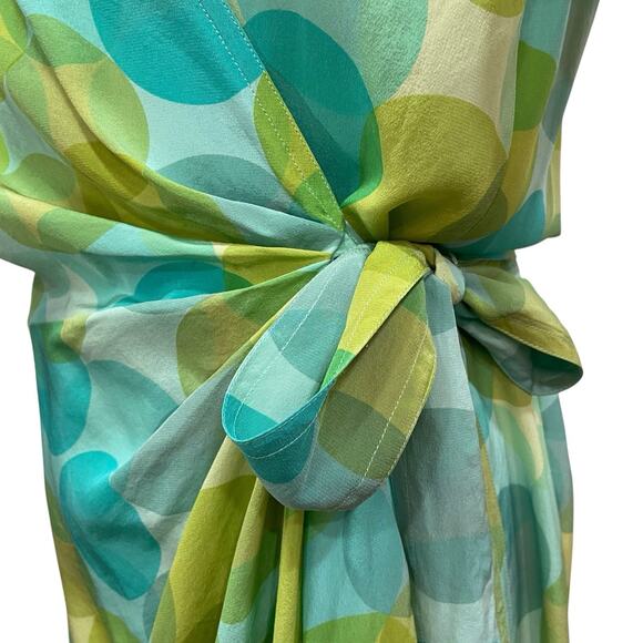 Vintage 90s Maggy London 100% Silk Green & Blue Polka Dot Wrap Dress size 10 - Picture 4 of 10